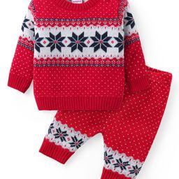 Babyhug Knitted Full Sleeves Sweater Set with Floral Design - Red-image-92
