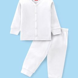 Babyhug Full Sleeves Solid Color Front Open Vest& Thermal Pant - Off White-image-21