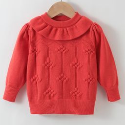 Kookie Kids Knit Full Sleeves Pullover Sweater with Frill Detailing & Floral Design - Rusty Red-image-34