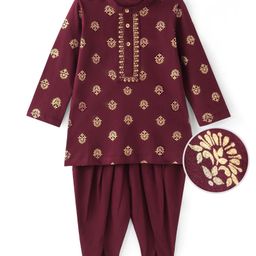 Earthy Touch Single Jersey Knit Full Sleeves Kurta Dhoti Set With Foil Floral Print - Maroon-image-92