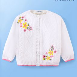 Babyoye Knitted Full Sleeves Front OpenSweater with Floral Embroidery - White-image-65
