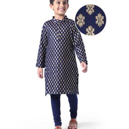 Earthy Touch Single Jersey Knit Full Sleeves Kurta Pyjama Set with Foil Print - Navy Blue-image-98