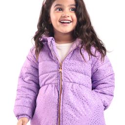 Babyhug Woven Full Sleeves Padded Hooded Jacket with Quilted Design & Glitter Star Print- Purple-image-87
