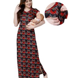 Piu Sinker Woven Half Sleeves Abstract Printed Nighty With Concealed Nursing Access - Red-image-63