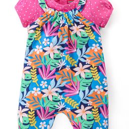 Babyhug Single Jersey Knit Puffed Sleeves Top & Dungaree Set Floral Print - Pink & Green-image-62