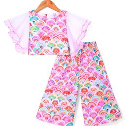 Babyhug Woven Flutter Sleeves Digital Printed Top & Palazzo Set - Pink & White-image-13