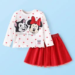 Babyhug Disney Single Jersey Knit Full Sleeves Top & Mesh Skirt Set With Minnie Mouse Graphics & Badge Detailing - White & Red-image-95