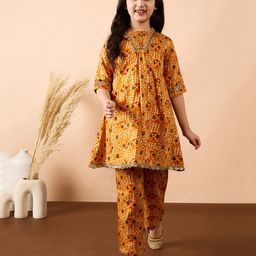 Stylo Bug Cotton Three Fourth Sleeves Ethnic Motif Printed & Lace Embellished Coordinating Kurta Set - Yellow-image-74