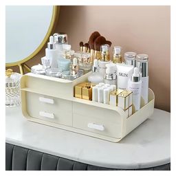 House of Quirk Makeup Organiser Cosmetic Storage Box Make up Organizer Dressing Table Plastic Cosmetics Holder with Drawer-Beige-image-43