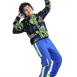 Ollington St. 100% Cotton Knit Full Sleeves Front Zipper Hoodie & Joggers Winter Wear Set With Gaming Theme Print - Black Lime & Blue-image-44