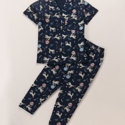 CUCUMBER Sinker Knit Half Sleeves Night Suit with Girl Print - Navy Blue-image-20