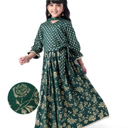 EARTHY TOUCH Single Jersey Knit Full Sleeves Floral Printed Choli Lehenga Set & Dupatta with Lace Detailing - Dark Green-image-99