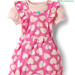Babyoye 100% Cotton Knit Dungaree Style Romper & Half Sleeves T-Shirt With Heart Print & Bow Applique - Dark Pink-image-44