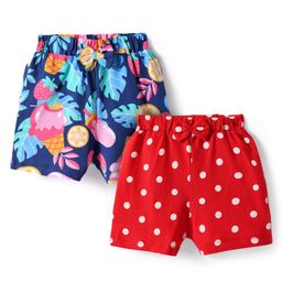 Babyhug Cotton Single Jersey Knit Mid Thigh Shorts With Leafy & Polka Dot Print Pack of 2 - Red & Navy-image-68