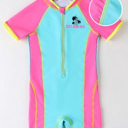 Mark & Mia Half Raglan Sleeves Legged Swimsuit With Color Block Design - Aqua Blue & Pink-image-123