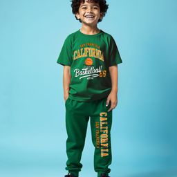Trampoline Cotton Blend Half Sleeves Typography Printed Tee With Track Pants Set - Green-picture-25