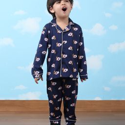 Polka Tots Cotton Woven Full Sleeves Elephants Printed Coordinating Shirt & Pajama Set - Navy Blue-image-116