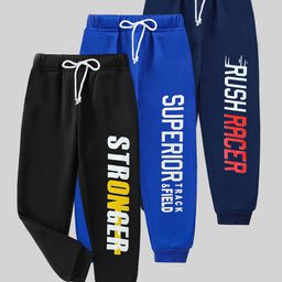 KUCHIPOO Pack Of 3 Rush Racer & Superior Text Printed Track Pants - Black Navy Blue & Blue-picture-28
