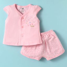 Zero Sinker Knit Front Open Half Sleeves Shorts Night Suit With Floral & Sea Life Print - Baby Pink-picture-13