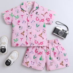 The Magic Wand Cotton Woven Half Sleeves Alphabets Printed Coordinating Night Suit Set - Pink-image-94