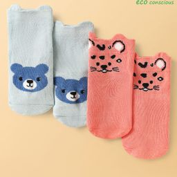 Babyoye Cotton Bamboo Knit Ankle Length Anti-skid Socks with Animal Design Pack of 2 - Red & Light Blue-image-22