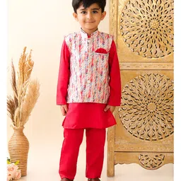 Superminis Cotton Full Sleeves Solid Kurta Pyjama With Tie Dye Jacket - Red-picture-12