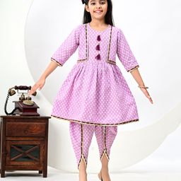 FlyFinns Cotton Three Fourth Sleeves Katha Printed & Lace Embellished Katha Kurta & Coordinating Dhoti Set - Lavender-image-27