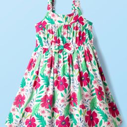 Babyhug Cotton Woven Sleeveless Frock With Floral Print & Bow Applique - White-image-14