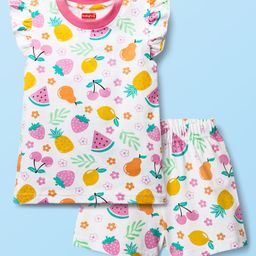 Babyhug Cotton Knit Frill SleevesShorts Night Suit With Tropical Theme Print - White-image-15