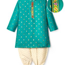 EARTHY TOUCH Cambric Woven Full Sleeves Kurta Dhoti Set With Floral Print & Embroidery - Light Blue & White-image-87