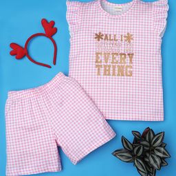 RAINE AND JAINE Cotton Frill Sleeves All I Want Is Everything Text Printed & Checked Coordinating Night Suit Set - Pink-image-25