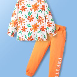 Doodle Poodle 100% Cotton Knit Full Sleeves Top & Lounge Pant Set With Floral Print - White & Orange-image-63