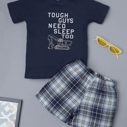 RAINE AND JAINE Cotton Knit Half Sleeves Tough Guys Need Sleep Too Text Printed Tee & Checked Shorts Set - Navy Blue & White-picture-6
