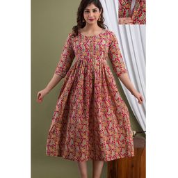 NEVISHA STYLE Cotton Woven Three Fourth Sleeves Floral Printed Gota Lace Embellished Maternity Kurta With Concealed Zipper Nursing Access - Multi Colour-image-77