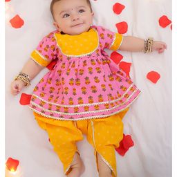 BownBee Cotton Woven Half Sleeves Floral Printed & Gota Lace Embellished Dhoti Kurta Set - Pink-image-42
