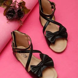Tiny Bugs Bow Applique Detailed Buckle Closure Sandals - Black-picture-4