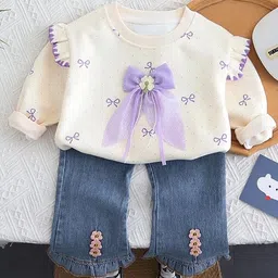 Googo Gaaga Cotton Knit Full Sleeves Bow Printed & Applique Detailed Light Winter Sweatshirt With Jeans Set - Cream-picture-43
