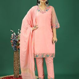 Ethnovog Floral Embroidered V-Neck Kurta With Trouser & Dupatta-image-36