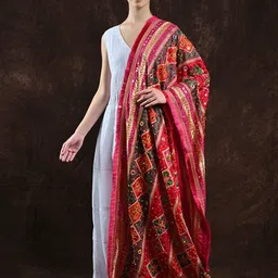 Exotic India Phulkari Embroidered Art Silk Dupatta-picture-19
