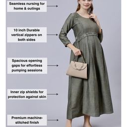 Dummy Shape Three Fourth Sleeves Abstract Printed Maternity Flared Kurta With Attached Floral Embroidered Belt & Concealed Zipper Nursing Access - Grey image 4