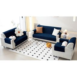Fashion Throw Navy Blue Checked Velvet 3 Piece Sofa Cover With Arms-image-74