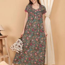 Sweet Dreams Green Cotton Floral Short sleeve Night Dress-image-35