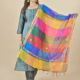 LA FEMINAE Colourblocked Art Silk Block Print Dupatta with Mirror Work image 1