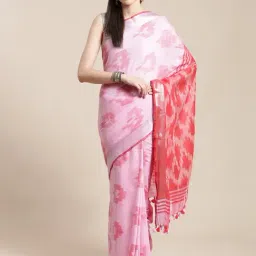 Kalakari India Pink & Peach Linen Printed Saree With Unstitched Blouse-picture-1