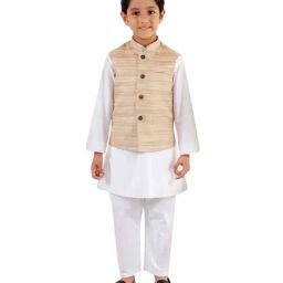 VASTRAMAY Kids Beige & White Textured Kurta Set-image-6