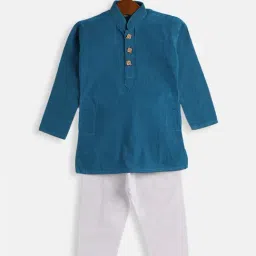 VASTRAMAY SISHU Blue & White Cotton Self Kurta Set-image-74