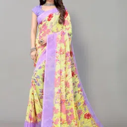 Satrani Yellow Floral Print Saree With Unstitched Blouse-image-47