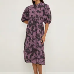 Utsa by Westside Purple Botanical Design Cotton A-Line Dress-image-20