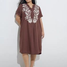 Gia by Westside Brown Floral Embroidered Cotton-Blend Straight Dress-image-69