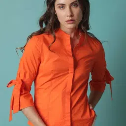 RAREISM Orange Cotton Solid Three-Quarter Sleeves Top-picture-27